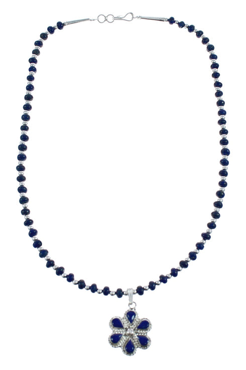 Native American Lapis And Sterling Silver Flower Pendant Bead Necklace JX125439